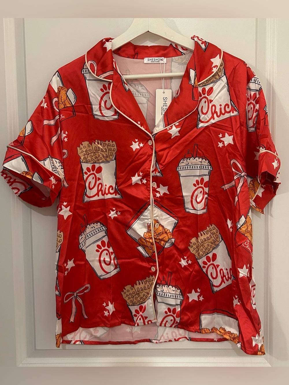 Sheshow Women’s Chick Fil A Pajama Set Red AOP Shorts and Top Sleepwear Size L